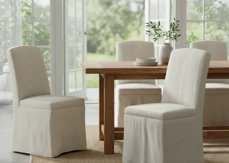 Elegant linen upholstered dining room chairs in a neutral tone, featuring a comfortable high back and sturdy wooden legs, suitable for modern or transitional dining areas.