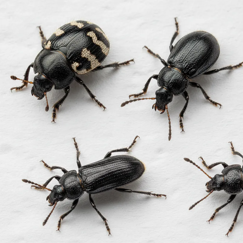 Macro photo of a variety of common small black household insects (e.g., carpet beetle, grain beetle, spider beetle) on a white surface, clearly showin