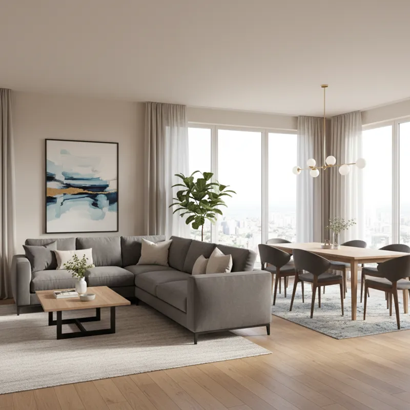 A modern open-concept living room and dining room, furnished with a cohesive set of furniture. The living area features a sectional sofa and a coffee