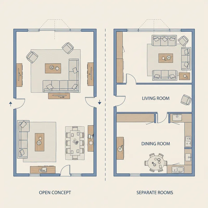A floor plan diagram highlighting an open-concept living and dining area on one side, and two separate, defined rooms for living and dining on the oth