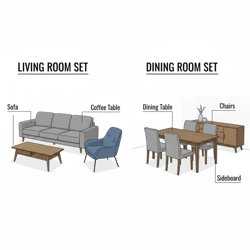 A graphic showing common components of living room sets (sofa, coffee table, accent chair) and dining room sets (dining table, chairs, sideboard). Eac
