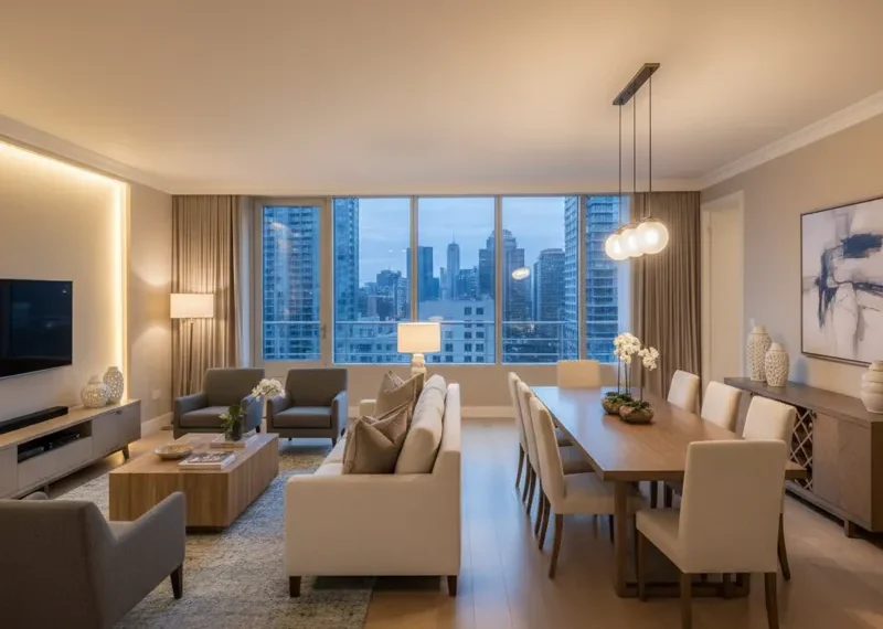 Modern living room and dining room sets in an open-plan space, featuring a matching sofa, coffee table, and an elegant dining table with chairs, creating a cohesive and stylish interior.