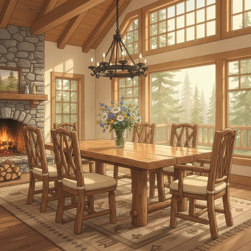 A wide shot of a rustic yet elegant log dining table in a spacious cabin-style dining room, with natural light streaming in. The table features a soli