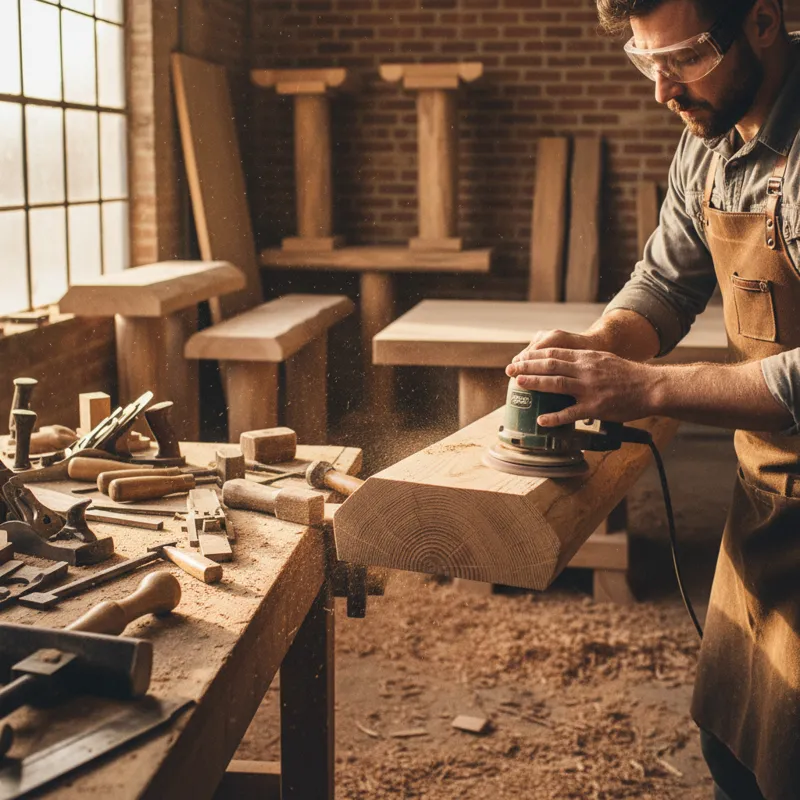 A close-up shot of a skilled artisan in a workshop carefully sanding a thick log leg for a dining table, showcasing the wood grain and the tools of th