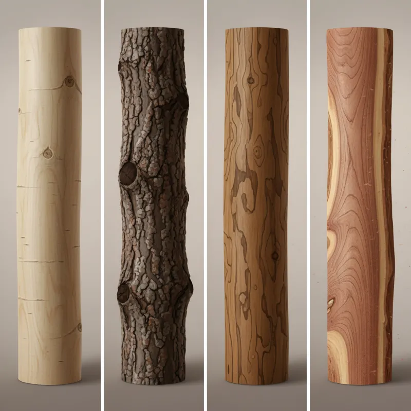 A collage or side-by-side comparison of different wood types used for log dining tables: a smooth, light aspen log leg, a deeply textured pine log leg
