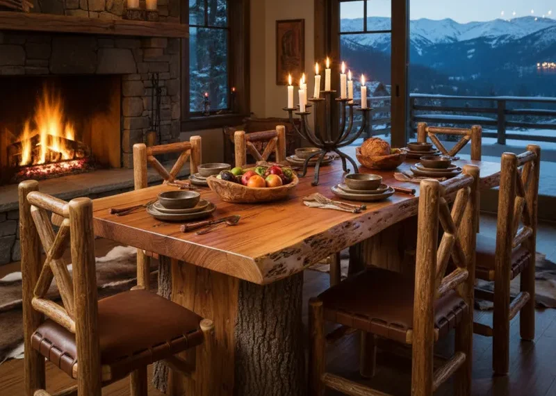 Rustic log dining table with a natural live edge slab top and sturdy timber legs, showcasing solid wood craftsmanship.