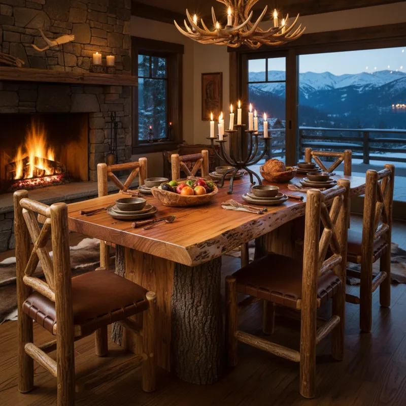 Rustic log dining table with a natural live edge slab top and sturdy timber legs, showcasing solid wood craftsmanship.