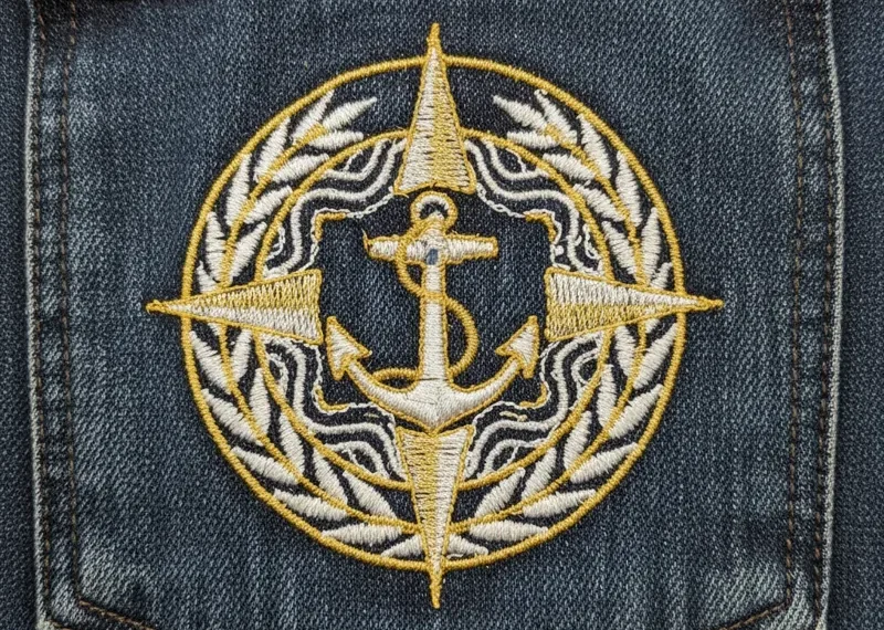 Close-up of a professional custom logo embroidery on dark fabric, showcasing detailed stitching and vibrant threads for business branding.