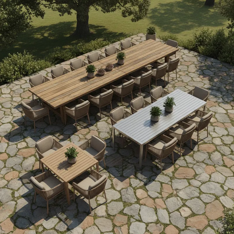 An illustrative overhead view of various long outdoor patio tables, showing different lengths and the number of chairs comfortably placed around each,