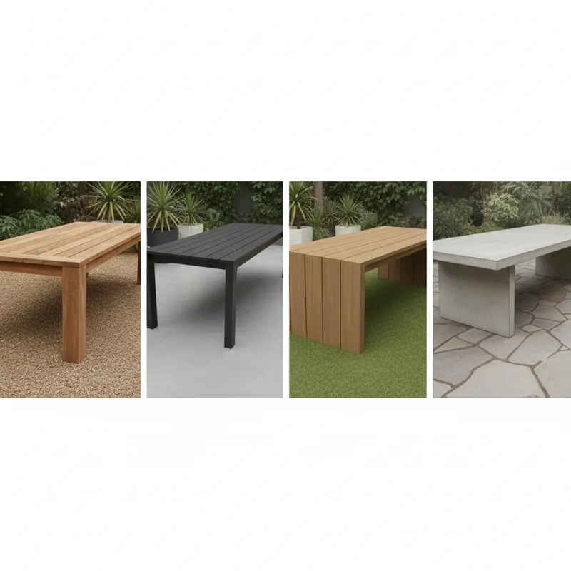 A comparative display of different long outdoor patio tables made from various materials like teak, aluminum, composite, and concrete, showcasing thei