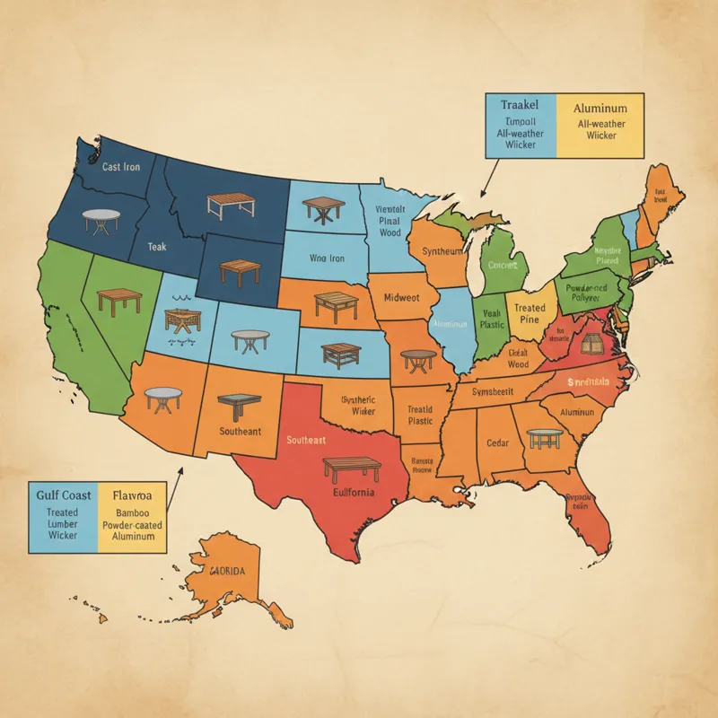 A US map highlighting different climate zones, with small icons representing appropriate long outdoor patio table materials for each region.