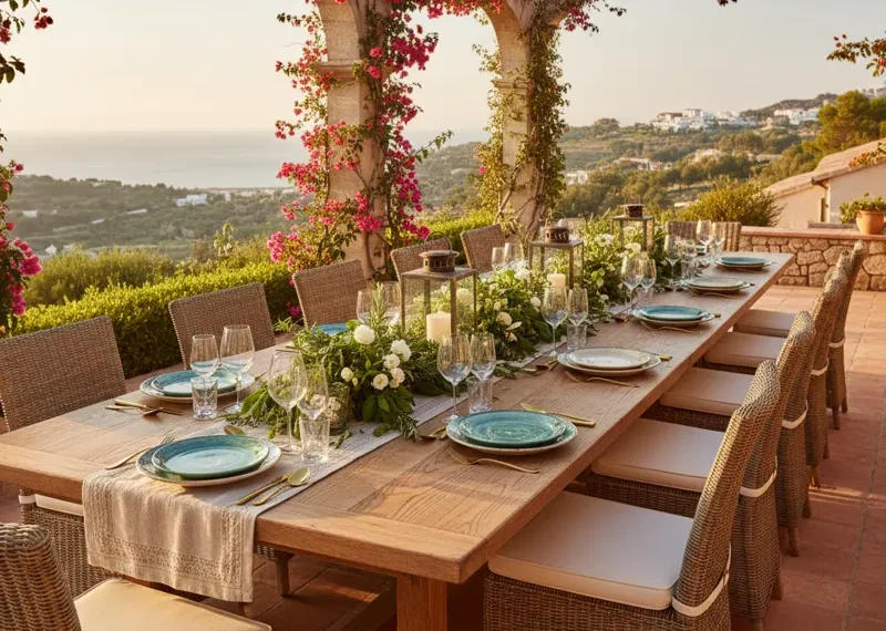 Long outdoor patio table set for dining, made of wood with multiple chairs, situated on a spacious deck or garden patio, ideal for large family gatherings and entertaining guests.