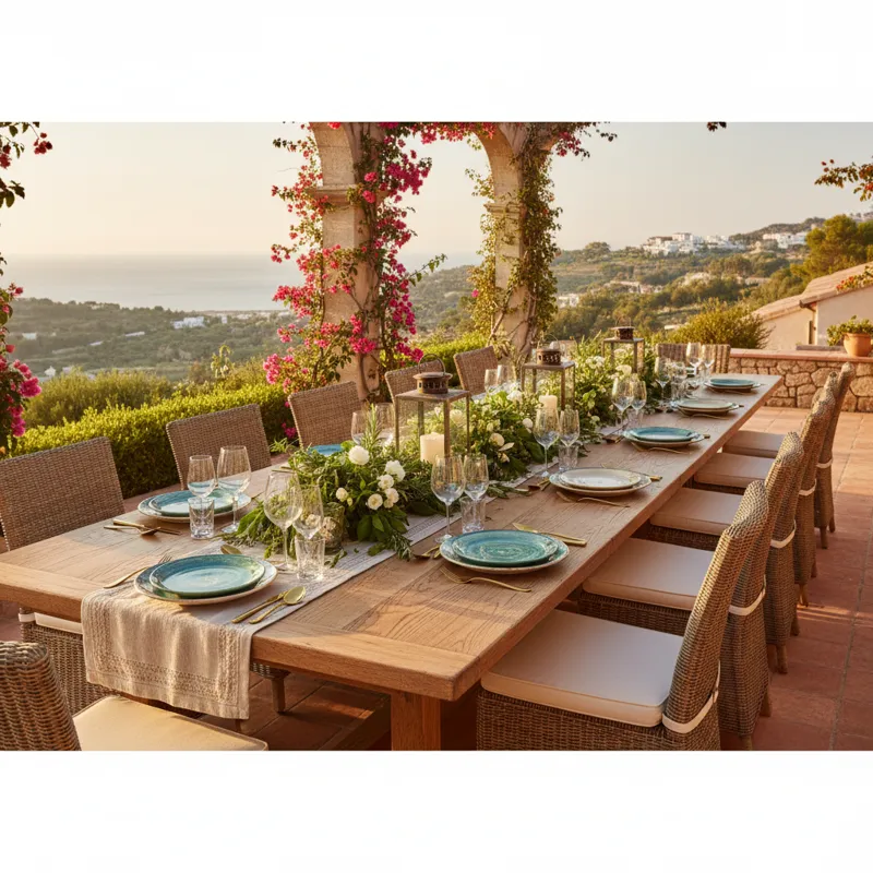 Long outdoor patio table set for dining, made of wood with multiple chairs, situated on a spacious deck or garden patio, ideal for large family gatherings and entertaining guests.