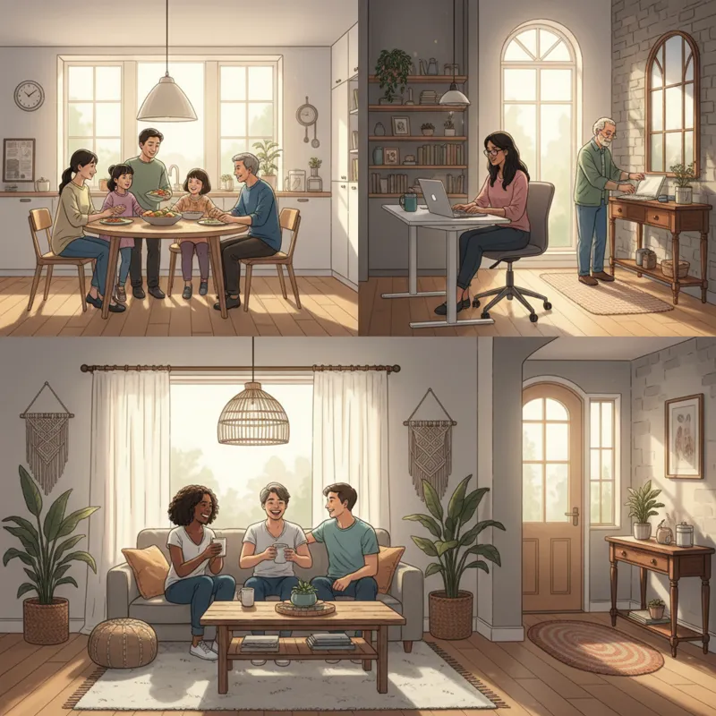 A diverse group of people sitting around different types of tables in various home settings, showcasing dining, coffee, desk, and entryway tables. Emp