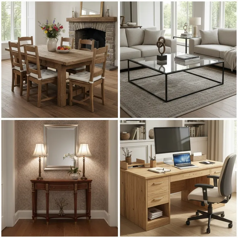 A collage or grid of distinct tables: a sturdy wooden dining table with chairs, a sleek modern coffee table in a living room, a narrow elegant console