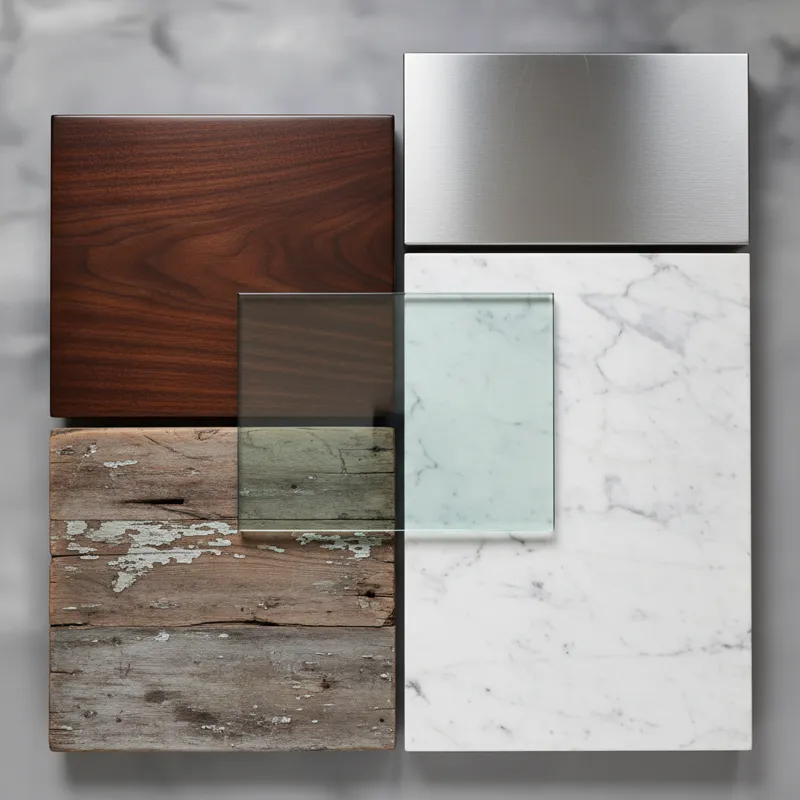 A close-up collage of different table materials: polished dark wood, rough reclaimed wood, sleek white marble, clear glass, and brushed metal, highlig