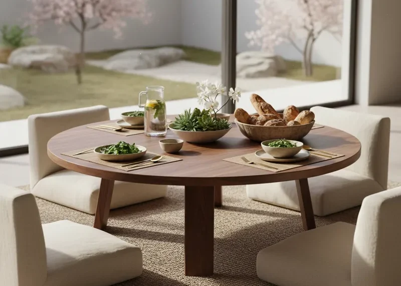 Modern low dining table with floor cushions, ideal for small apartments or casual living room dining, featuring a minimalist wooden design.