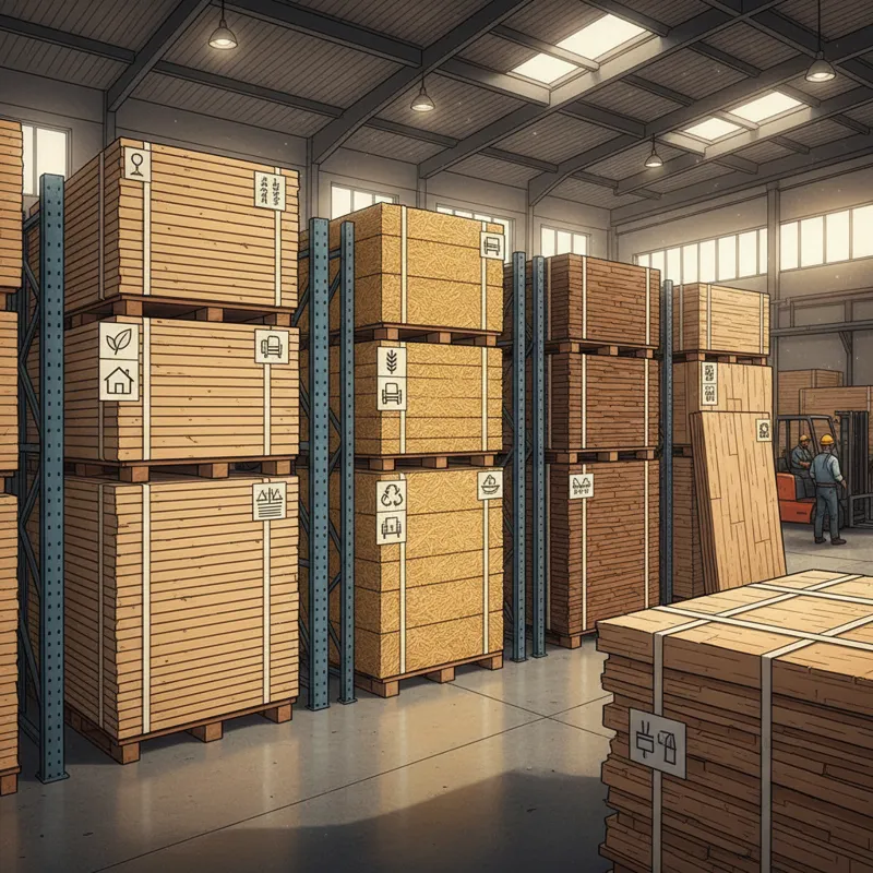 Various types of plywood alternatives neatly stacked in a lumberyard, labeled for different uses.