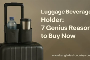 A black luggage beverage holder attached to the extended handle of a black rolling suitcase, holding a clear plastic water bottle and a silver travel mug. The image also features white text overlay on a brown background that reads: 'Luggage Beverage Holder: 7 Genius Reasons to Buy Now' and 'www.bangladeshcountry.com'.