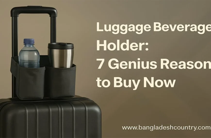 A black luggage beverage holder attached to the extended handle of a black rolling suitcase, holding a clear plastic water bottle and a silver travel mug. The image also features white text overlay on a brown background that reads: 'Luggage Beverage Holder: 7 Genius Reasons to Buy Now' and 'www.bangladeshcountry.com'.