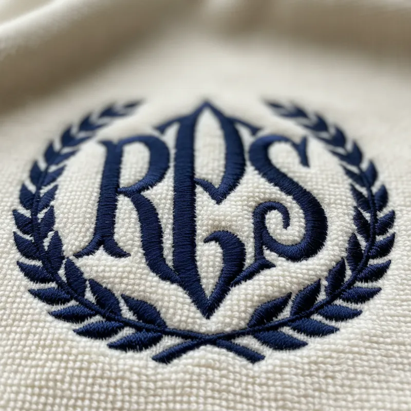 A close-up of a neatly embroidered monogram on a soft, plush blanket, highlighting the intricate stitching and custom design.