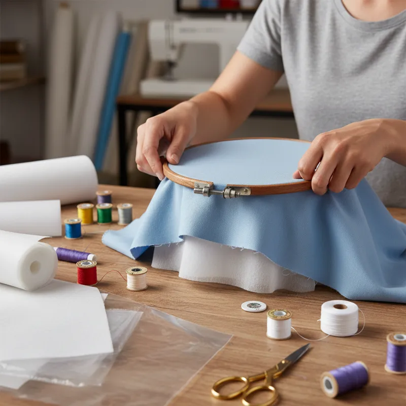 A person carefully hooping a piece of fabric on a machine embroidery hoop, surrounded by various stabilizers and thread spools.