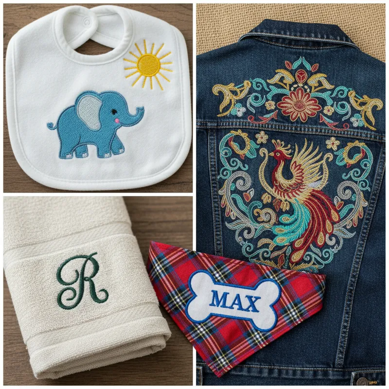 A collage of various embroidered gift items: a baby bib with an animal, a monogrammed hand towel, a denim jacket with an intricate design, and a perso