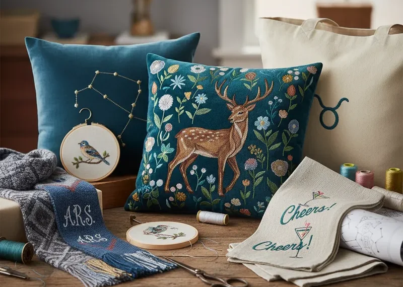 A collection of personalized machine embroidered gift ideas, including custom apparel, decorative home items like towels and pillows, and accessories such as tote bags and keychains, all featuring unique embroidery designs.