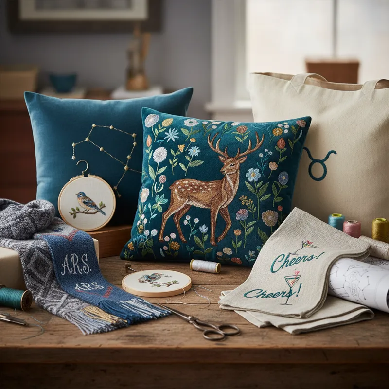 A collection of personalized machine embroidered gift ideas, including custom apparel, decorative home items like towels and pillows, and accessories such as tote bags and keychains, all featuring unique embroidery designs.