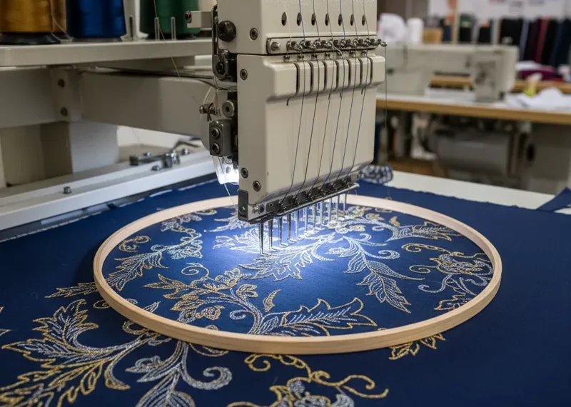 Close-up of a modern machine embroidery sewing machine stitching a colorful, intricate floral design onto white fabric with precision.