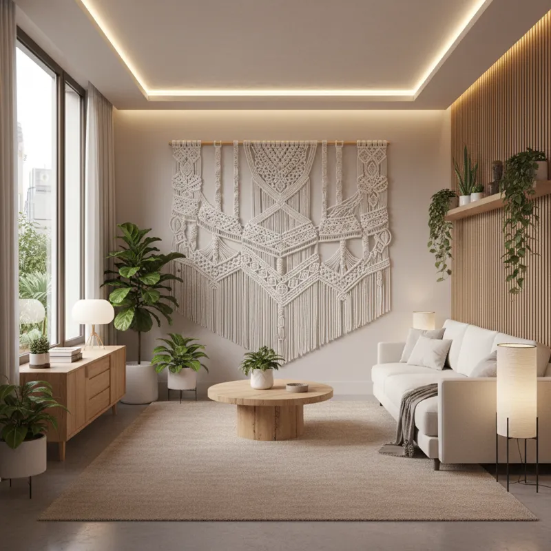 A wide shot of a contemporary living room in 2026, featuring a large, intricately designed white macrame wall hanging art piece above a minimalist sof