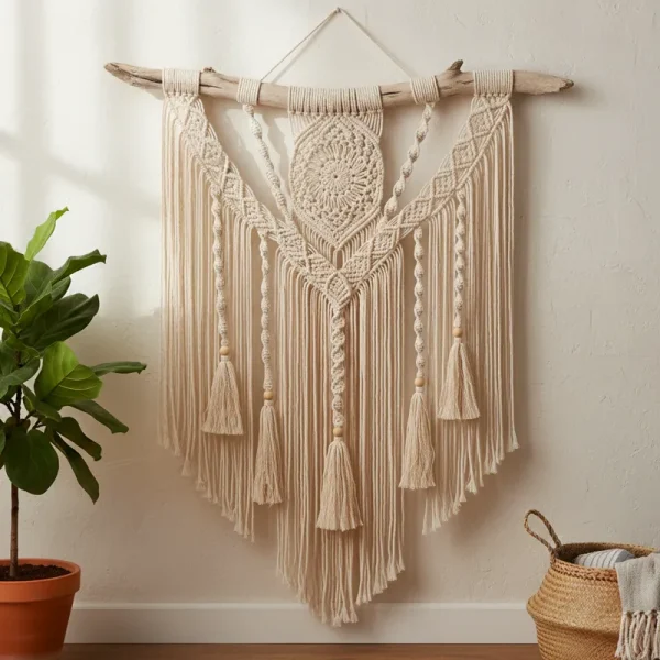 A beautifully handcrafted macrame wall hanging art piece, showcasing intricate knotwork, a fringed bottom, and natural off-white cotton ropes, perfect for bohemian or minimalist home decor.