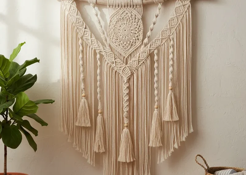 A beautifully handcrafted macrame wall hanging art piece, showcasing intricate knotwork, a fringed bottom, and natural off-white cotton ropes, perfect for bohemian or minimalist home decor.