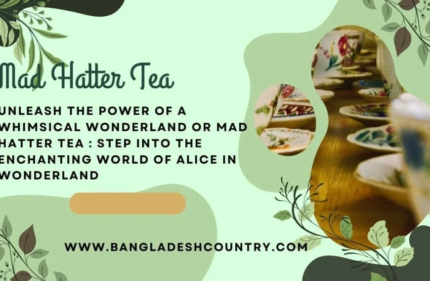 A whimsical promotional graphic for a 'Mad Hatter Tea' event. The image has a green, leafy background with text that reads, 'Unleash the power of a whimsical wonderland... step into the enchanting world of Alice in Wonderland.' On the right, a photo shows a long table set with many colorful teacups and saucers.
