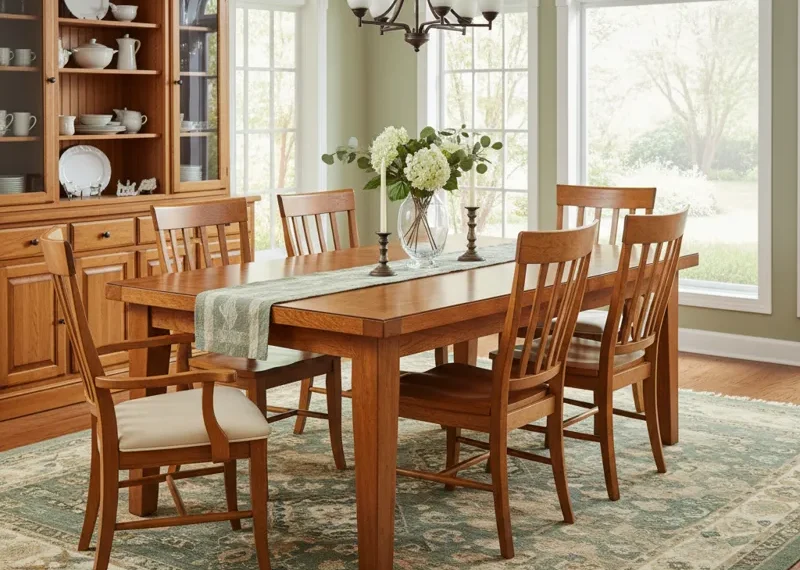 Solid maple wood dining room set featuring a rectangular table and matching chairs, showcasing natural wood grain and a modern design.