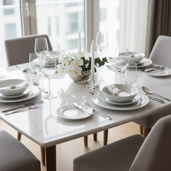 A luxurious white marble dining table set for 4, featuring a sleek rectangular marble top and four comfortable, modern dining chairs, placed in a contemporary dining room.