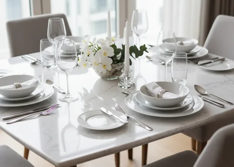 A luxurious white marble dining table set for 4, featuring a sleek rectangular marble top and four comfortable, modern dining chairs, placed in a contemporary dining room.