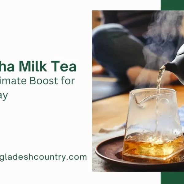 A promotional graphic for Matcha Milk Tea. On the right, a hand pours steaming hot tea from a traditional dark teapot into a clear glass pitcher. On the left, green text reads, 'Matcha Milk Tea: The Ultimate Boost for Your Day.'