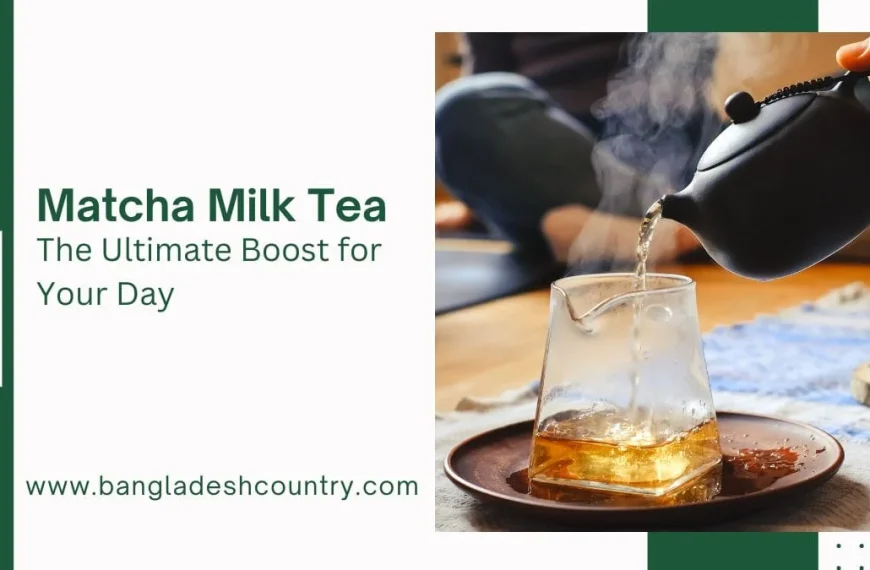 A promotional graphic for Matcha Milk Tea. On the right, a hand pours steaming hot tea from a traditional dark teapot into a clear glass pitcher. On the left, green text reads, 'Matcha Milk Tea: The Ultimate Boost for Your Day.'