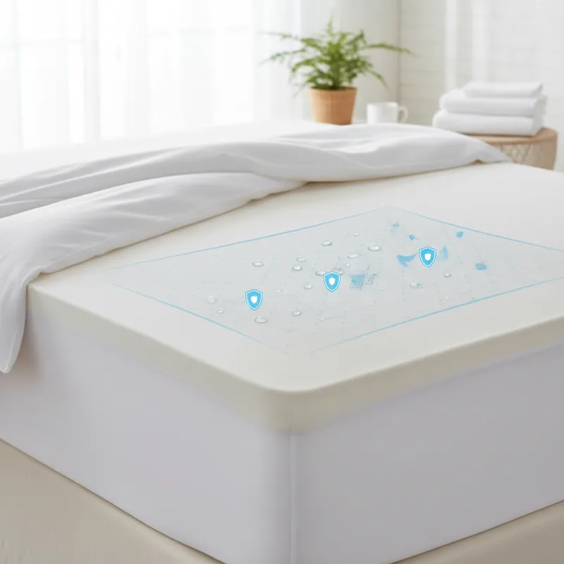 A clean, inviting bed with a visible mattress protector beneath the sheets. The image emphasizes freshness and protection, possibly with a subtle over