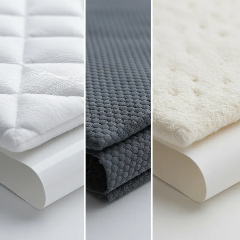 A close-up shot of different mattress protector fabric textures, showcasing breathability, softness, and material quality. Labels might point to featu