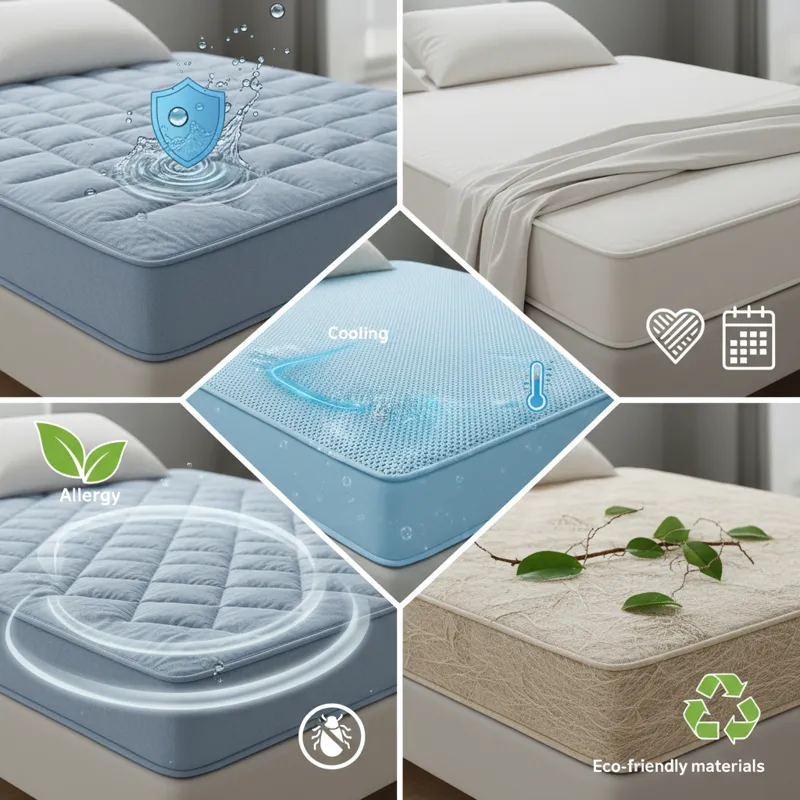 A diverse collage of five different mattress protectors, each subtly highlighting its unique benefit: one for waterproofing, one for allergy, one for