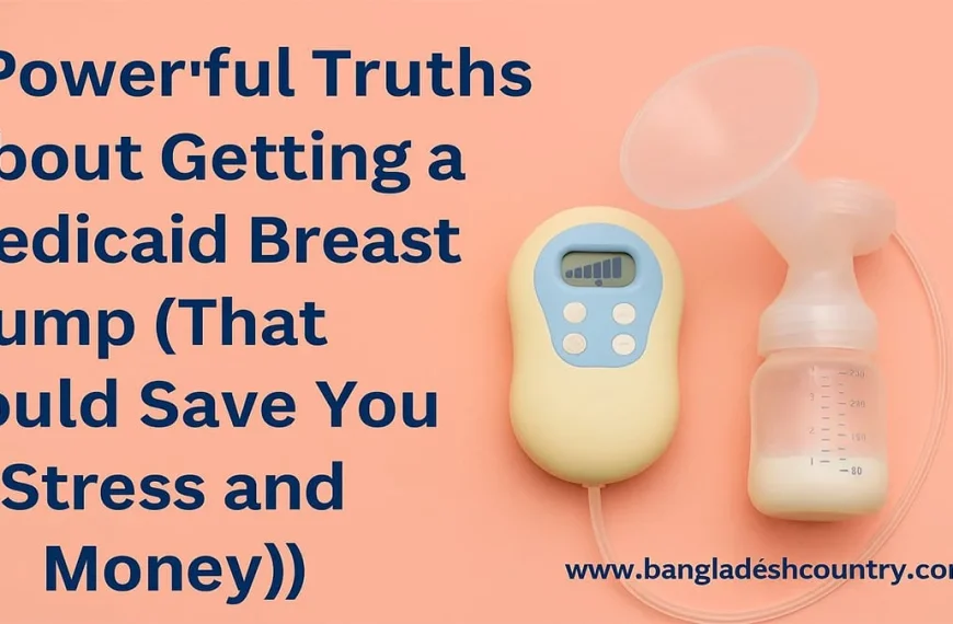 An electric breast pump, a collection bottle with breast milk, and a tube on a peach background. Large text overlay reads: '7 Powerful Truths About Getting a Medicaid Breast Pump (That Could Save You Stress and Money))'.