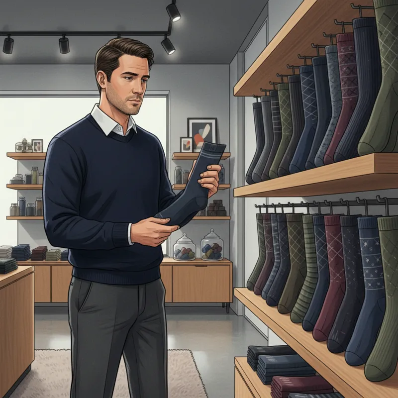 A man looking thoughtfully at a selection of high-quality men's ankle socks, emphasizing material and design details. The setting is modern and clean,