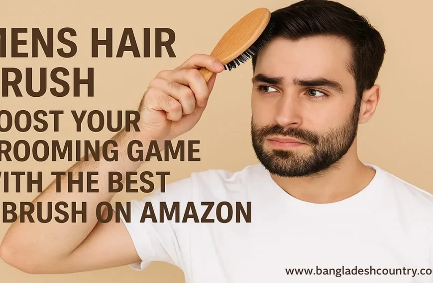 Young man with a beard brushing his dark hair with a wooden mens hair brush. The image features prominent text: 'MENS HAIR BRUSH BOOST YOUR GROOMING GAME WITH THE BEST 6 BRUSH ON AMAZON'.