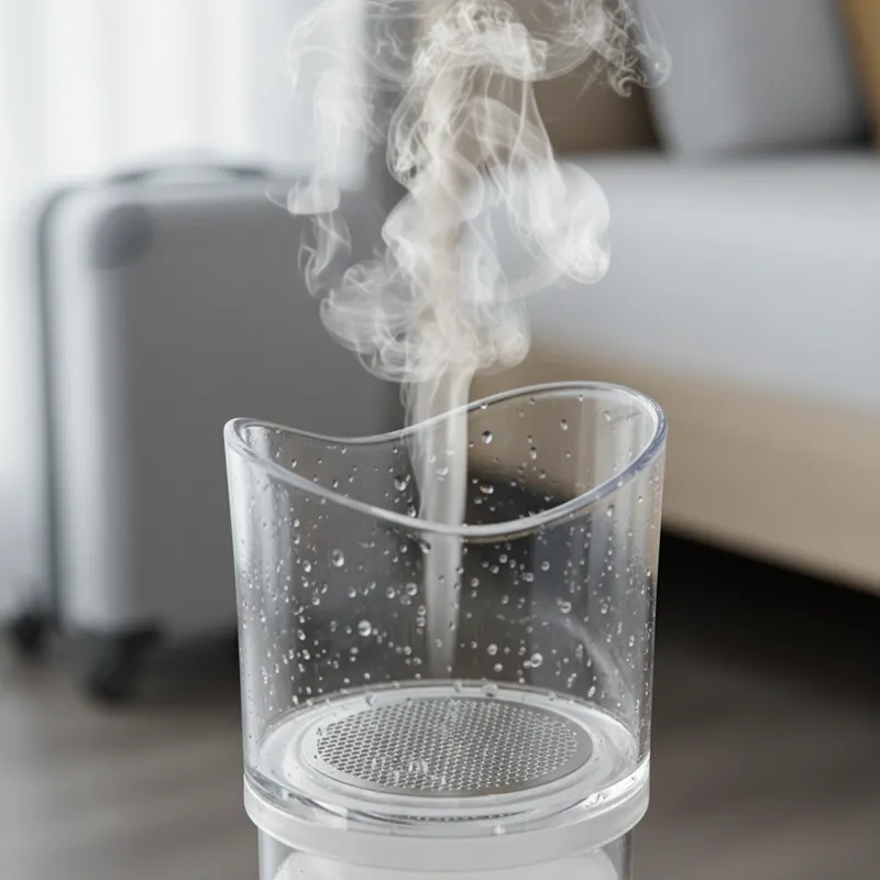 A detailed close-up shot of a transparent mesh nebulizer medication cup, showing the fine mesh plate at the bottom and a visible mist being generated.