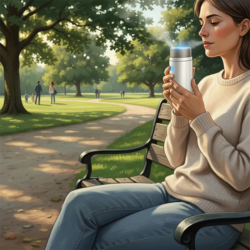 A person using a compact, modern mesh nebulizer while sitting comfortably on a park bench, demonstrating its portability and quiet operation. Sunlight