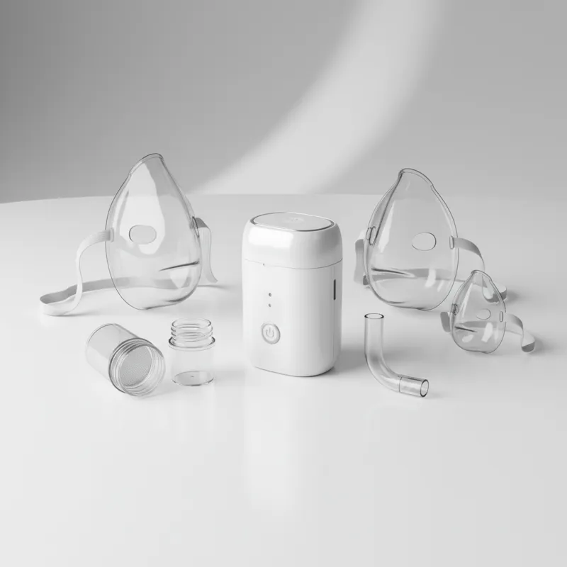 A collection of various mesh nebulizer components laid out on a clean surface: a device body, different sized masks, a mouthpiece, and a medication cu