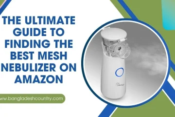 A white portable mesh nebulizer emitting mist, with the title text 'THE ULTIMATE GUIDE TO FINDING THE BEST MESH NEBULIZER ON AMAZON'.