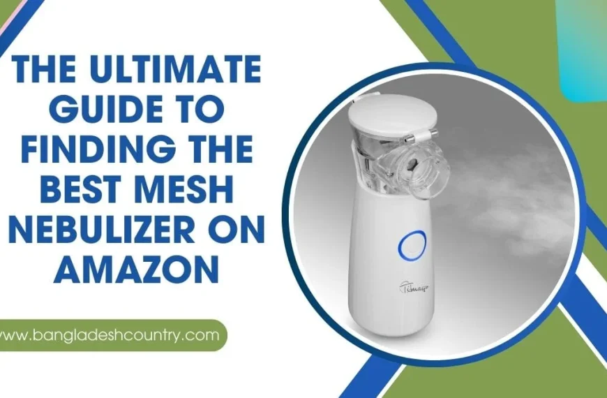 A white portable mesh nebulizer emitting mist, with the title text 'THE ULTIMATE GUIDE TO FINDING THE BEST MESH NEBULIZER ON AMAZON'.